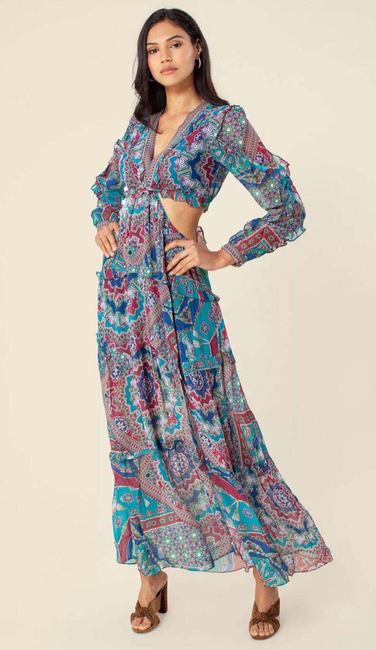 Hale Bob Pandora Cut Out Maxi Dress Womens XS Emerald Long Sleeve New